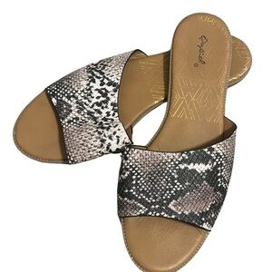 Qupid Gray and Tan Slide Sandals with Snakeskin Pattern